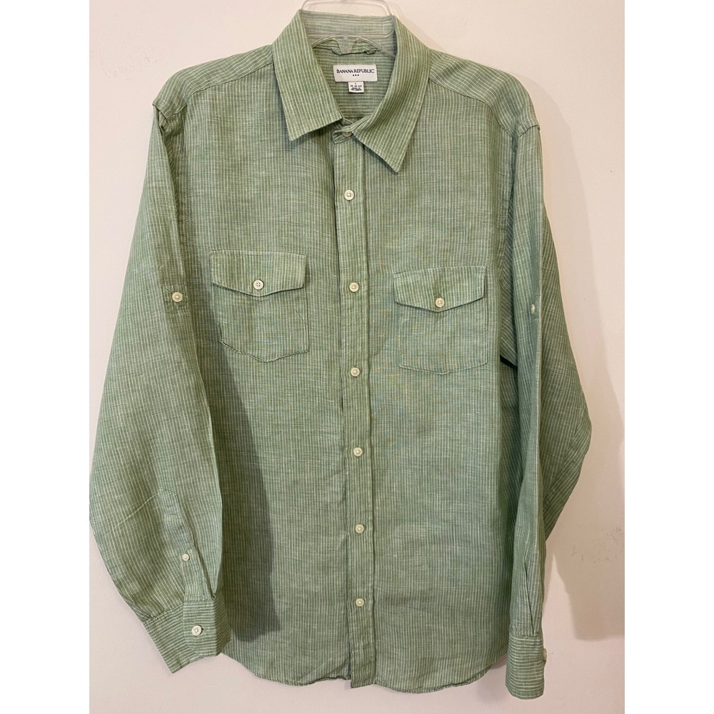 Banana Republic Men's L 100% Linen Green Stripe Utility Roll Tab Shirt